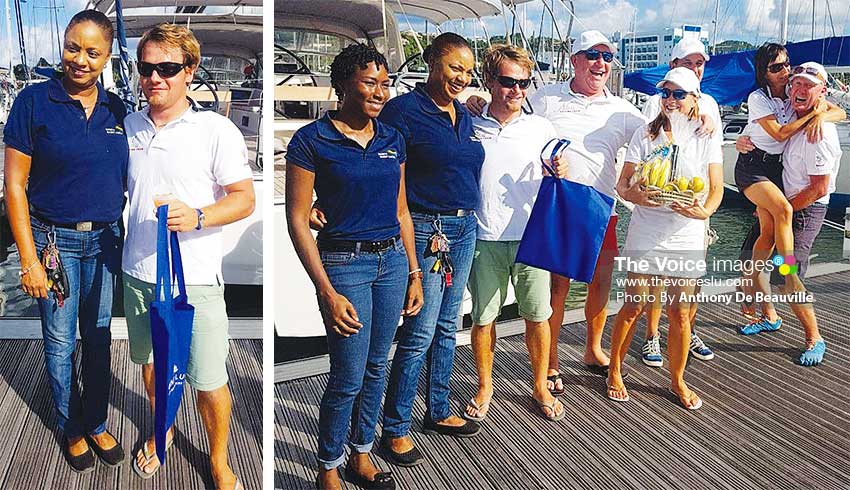 Image: (L-R) Events Saint Lucia representative, Hayle Harvey makes a presentation to Nika’s skipper Ziga; Tessa Joseph, Hayle Harvey, Events Saint Lucia Representatives and a spirited crew from NIKA. (PHOTO: Anthony De Beauville)