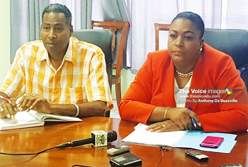 (L-R) Ministry of Youth Development and Sports Information Assistant Ryan O’Brian and Deputy Permanent Secretary Liota Charlemange-Mason at Thursday morning’s press conference. (PHOTO: Anthony De Beauville)