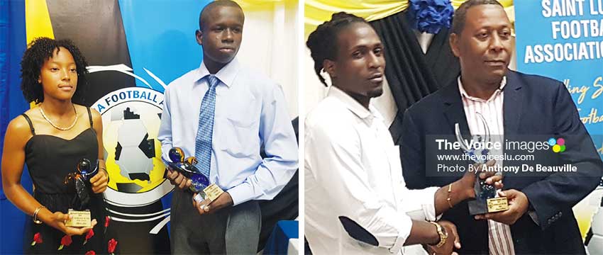 Image: (L-R) Junior female and male footballer of the year, Krysan St. Louis and Keegan Caul; Pernal Williams receiving his award from SLFA President Lyndon Cooper. (PHOTO: Anthony De Beauville)