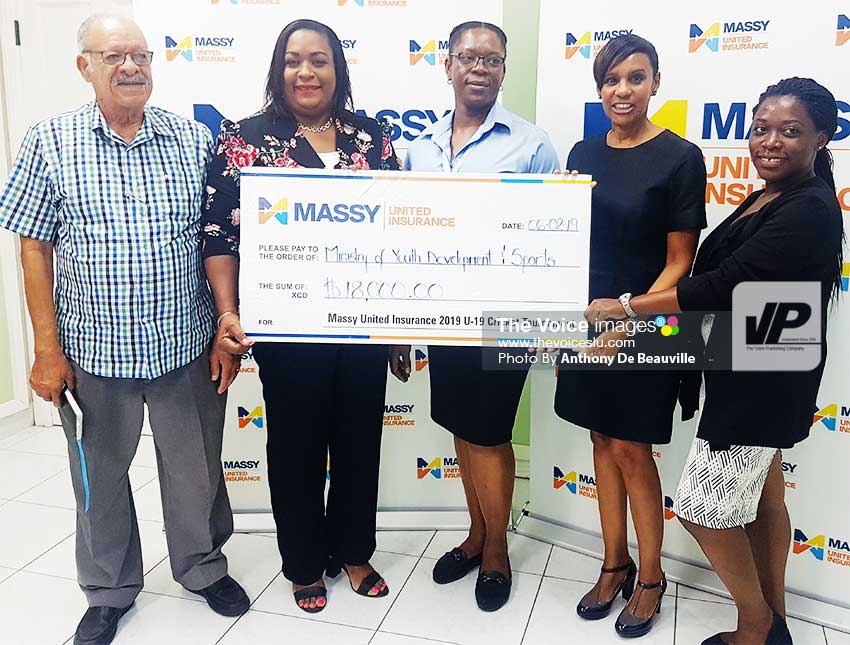 Image: (L-R) Massy United Insurance Director, Hollis Bristol, Deputy Permanent Secretary in the Ministry for Youth Development and Sports, LiotaCharlemange – Mason, School Sports Coordinator, Isabell Marquis, Massy United Insurance, General Manager, Faye Miller and Advertising and Promotions Coordinator, MenilliaValcent. (PHOTO: Anthony De Beauville)