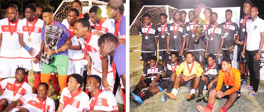 Image: (L-R) Dominators celebrate after winning the KFC/Gros Islet Football League Northern Zone Under-23 title; New Generation FC placed second. (PHOTO: DP).