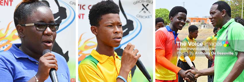 Image: (L-R) President of the Gros Islet Youth and Sports Council; Captain of the Gerson Strikers, Gerson Simeon giving the Vote of Thanks and Parliamentary Representative for Gros Islet, Lenard Montoute meets West Indies U-19 player, Kimani Melius. (PHOTO: Anthony De Beauville)