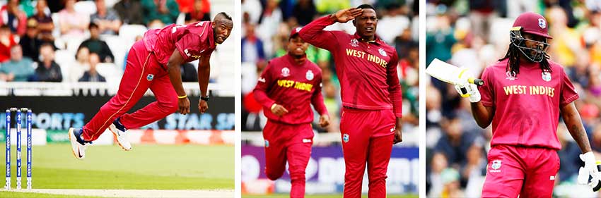Image: (L-R) Andre Russell in full flight; Sheldon Cottrell celebrates taking the wicket of Pakistan’s Imam-ul-Haq; Chris Gayle celebrates reaching a half century (ICC CWC)