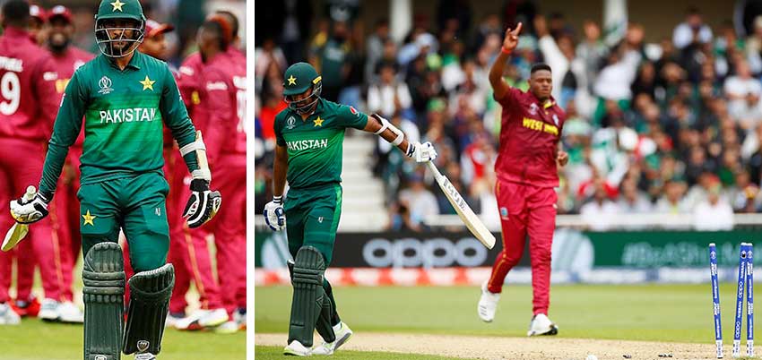 Image: Pakistan’s HarisSohail; Pakistan’s WahabRiaz looks dejected as he walks off after losing his wicket to West Indies’ Oshane Thomas. (PHOTO: ICC CWC)