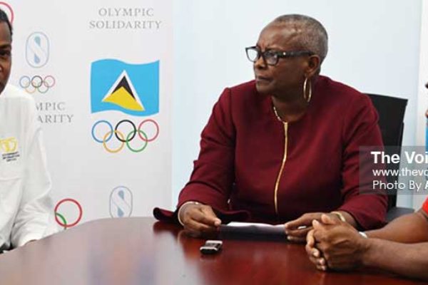Image: (L-R) Planning ahead for Olympic Week 2019: Ryan O’Brian – SLOC Media Liaison Officer; Fortuna Belrose – SLOC President and Alfred Emmanuel – SLOC General Secretary. (PHOTO: Anthony De Beauville)