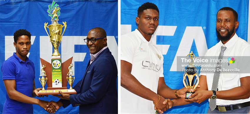 Image: (L-R) A representative from Platinum FC receiving the championship trophy from Chairman National Lotteries Authority – Caron Serieux;  Best Goalkeeper, Noah Didier receiving his award from Permanent Secretary in the Ministry for Youth Development and Sports – Benson Emille. (PHOTO: Anthony De Beauville)