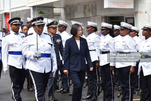 Image of President Tsai Ing-Wen inspecting the Guard of Honour Thursday in Castries.