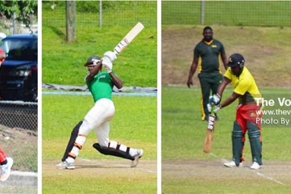Image: (L-R) Fast bowler Jerimiah Charles about to bowl a delivery; SCCA Under 19 player going for the maximum; One of Zackary Edmund’s two wickets against Crusaders.(PHOTO: Anthony De Beauville)
