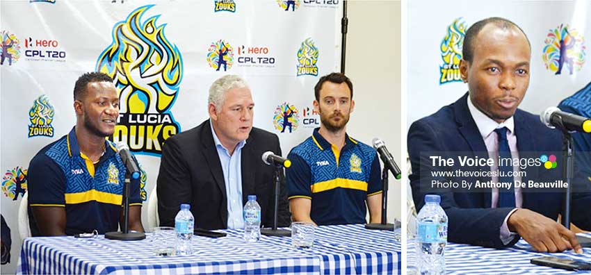 Image: (L-R) Daren Sammy (Saint Lucia Zouks captain), Prime Minister Allen Chastanet, James Foster (Saint Lucia Zouks Coach) and Tourism Minister Dominic Fedee at Tuesday’s Press Conference. (Photo: Anthony De Beauville) 