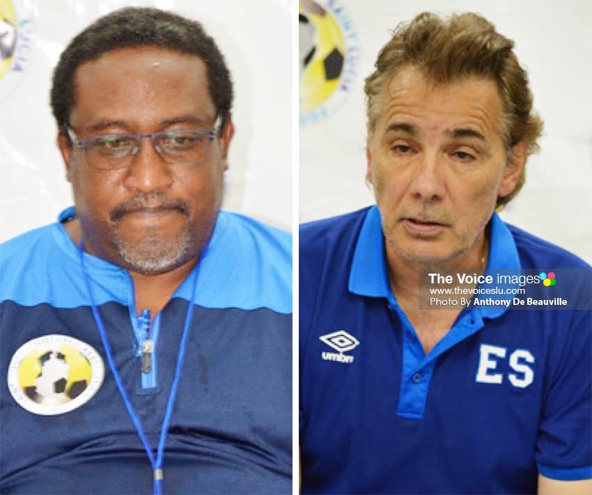 Image: (L-R) Post match press conference, Jamaal Shabazz (Saint Lucia Head Coach); Carlos De- Los- Cobos (El Salvador Head Coach). (PHOTO: Anthony De Beauville)
