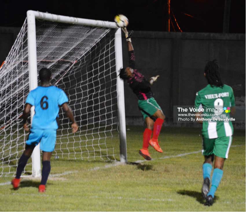 Image: One of the many saves by Desruisseaux goalkeeper Marcus Marquis to deny VFS. (Photo: Anthony De Beauville)  