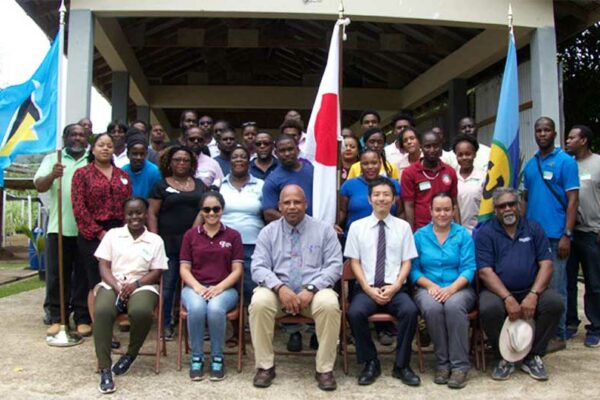 Image: Participants in the ICTs for CSA Workshop with trainers and Minister of Agriculture Ezechiel Joseph (front row, third from left).