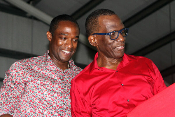 Image: Wayne Girard (left) with SLP Political Leader Philip J Pierre at Sunday’s Conference of Delegates.