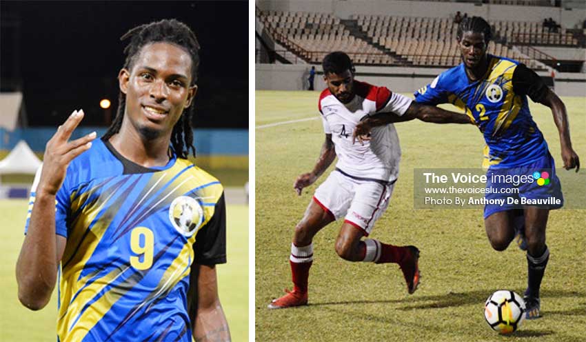Image: (L-R) Goal scorer for Saint Lucia No. 9 Antonio Joseph; Saint Lucia No. 2 Kurt Frederick (defender) keeps Dominican Republic No. 4 Benjamin Nunez at bay. (PHOTO: Anthony De Beauville) 
