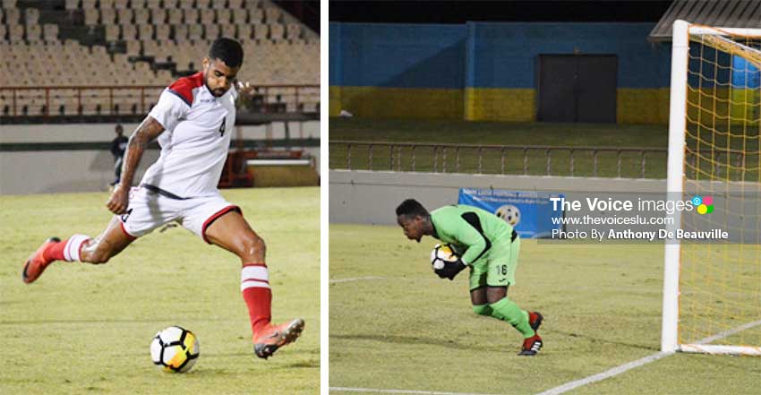 Image: Benjamin Nunez takes a powerful right foot shot to goal; Saint Lucia No.16 Lamar Joseph (goalkeeper) was safe on the night . (PHOTO: Anthony De Beauville) 