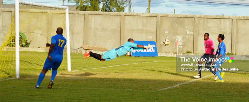 Image: In spite losing 3-2 to Central Vieux Fort, Caricom Maters (goalkeeper) Lawrence Octave came up with a brilliant save. (PHOTO: Anthony De Beauville)