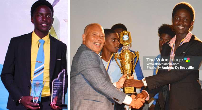 Image: (L-R) Junior Sportsman the Year Kimani Melius; Sandals Grande General Manager Winston Anderson presenting the 2019 Under 19 Sandals Cup to Gros Islet captain, Kimani Melius. (PHOTO: Anthony De Beauville) 