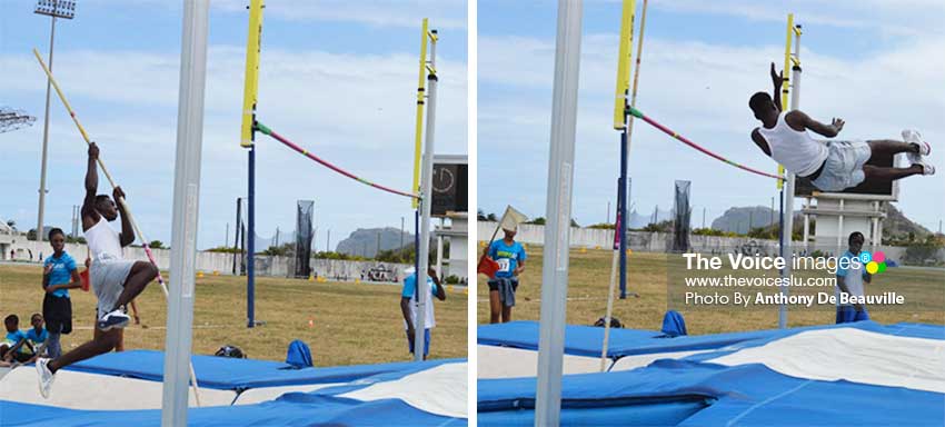 Image: (L-R) Young Pole Vaulter goes up and over the bar during a training session at the GOS. (PHOTO: Anthony De Beauville) 