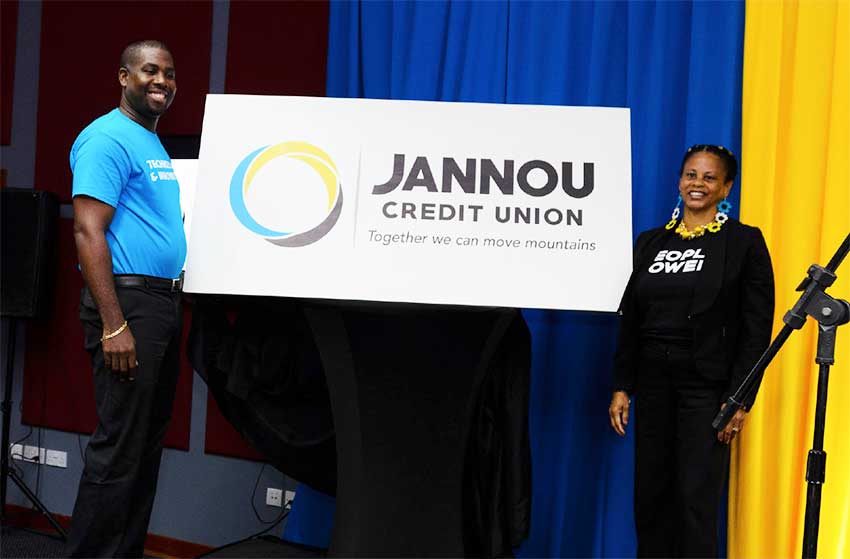 Image: Jannou’s Deputy General Manager, Celestin Laurent (L) and President, Junia Emmanuel- Belizaire (R) unveiling the new Jannou logo