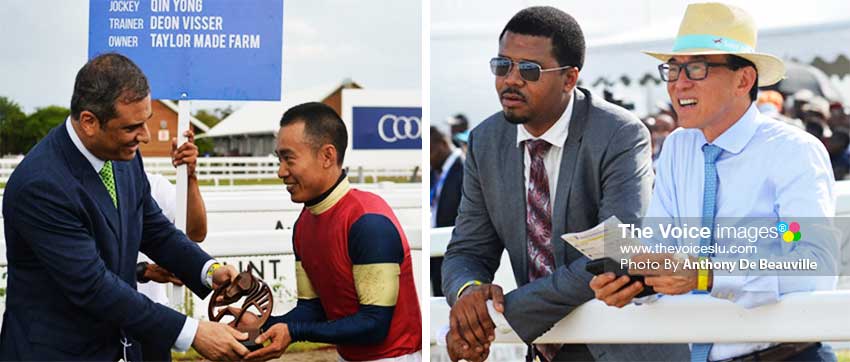 Image: (L-R) The Jockey for Casting Crowns Qin Yong receiving his award; Jallim Eudovic and Teo An Khing taking in the action. (PHOTO: Anthony De Beauville) 