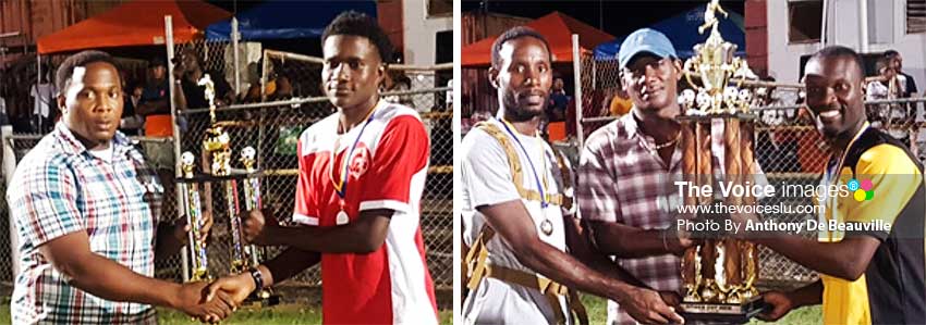 Image: (L-R) GIFL President, Shayne Paul presenting Northern Young Stars captain with the second place trophy; Northern United senior men receiving the Spider Cup from District Rep, Lenard Montoute. (PHOTO: Anthony De Beauville) 