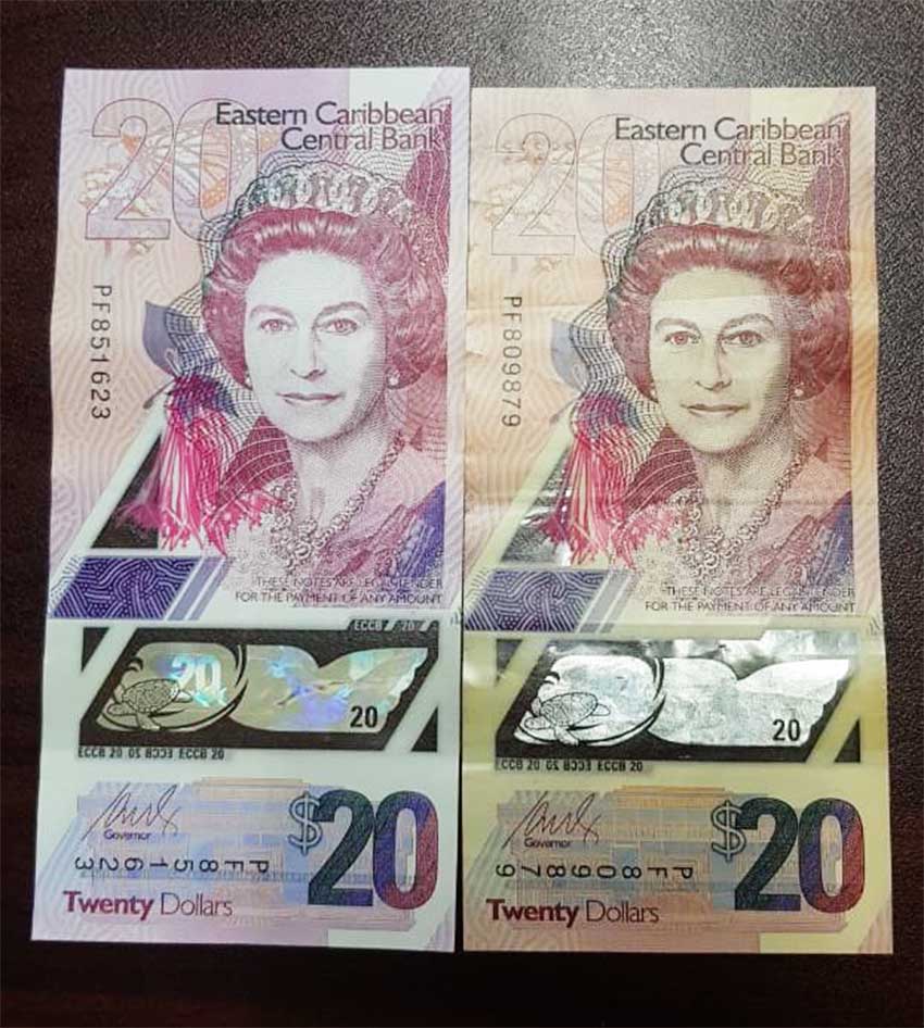 Image of real vs fake 20 EC dollar bill