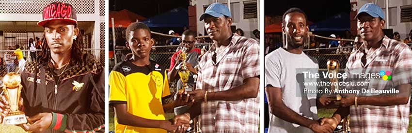 Image: (L-R) Most Goals – Troy Greenidge; Tournament Emerging Youth Player Nahum Ettiene receiving his award from District Rep, Lenard Montoute; MVP of the final and MVP of the Tournament - Giovanni Deterville receiving his award from District Rep, Lenard Montoute. (PHOTO: Anthony De Beauville) 