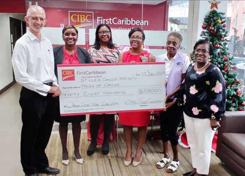 Image: Dr. Stephen King of St Lucia Cancer Society, Tia Henry, Smerna Pompelis & Ladesa James – Williams of CIBC FirstCaribbean, and Stevensia Theophane of VP Faces of Cancer.