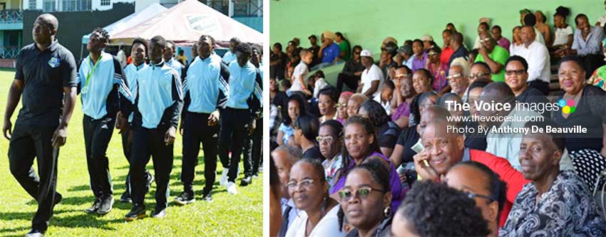 Image: (L-R) President of the Marchand Football League, Christopher Clarke leading his troop from the front; a section of the crowd who came to bid farewell. (Photo: Anthony De Beauville) 
