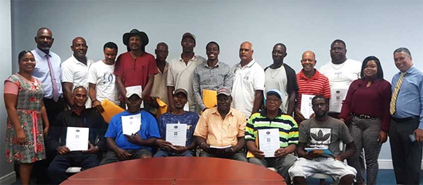 Image: Group of contractors that signed contracts for Micoud South Drains on January 17, 2020 pictured with Honourable Guy Joseph, Minister for Economic Development, Housing, Urban Renewal, Transport and Civil Aviation (far right) under which the DVRP falls and his Permanent Secretary, Mr. Claudius Emmanuel (far left) together with members of the DVRP team. 