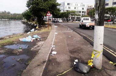 Image of garbage strewn along the Castries Waterfront yesterday morning.