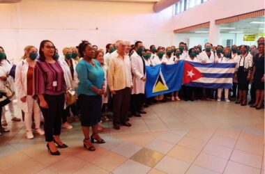 Image: St Lucia-Cuba Humanistic Solidarity Association President Marlene Alexander welcomed the medical team on arrival in Vieux Fort.