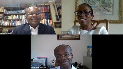 Image: Dr, James Fletcher (top left-hand corner) and Chelston Brathwaite (bottom of screen), moderater Beverly Best, Director of External and Institutional Relations at IICA.
