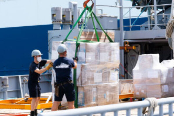Image: Crew of the French Navy Ship Dumont d’Urville loading cargo from the CDEMA Integrated Regional Logistics Hub.
