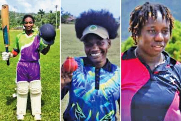 Image: (L-R) Zaida James acknowledges the applauds from her team mate upon reaching her maiden national century; Makada Dubois picked up a career best 5 for 16 and Qiana Joseph top scored for Gros Islet with 40 runs and took 2 wickets for 5 runs. (Photo: EG/ AC and Anthony De Beauville)