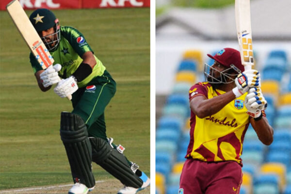 (L-R) Pakistan’s captain, Babar Azam and West Indies’ captain, Kieron Pollard. (Photo: AFP/GI)