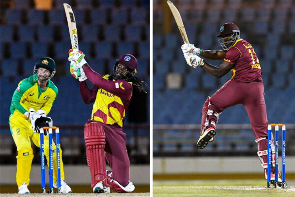 Image: (L-R) Chris Gayle goes big, Andre Russell sent the ball miles during his fifty. (Photo: AFP/ GI)