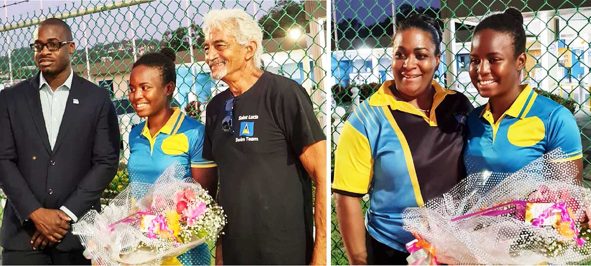 (L-R) Photo moment for Mikaili Charlemagne, newly elected Parliamentary for Gros Islet, Kenson Casimir, Coach David Peterkin and Deputy Permanent Secretary – Liota Charlemagne – Mason. (Photo: SLAF)