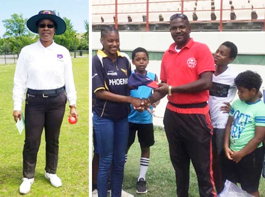 (L-R) Former national cricket now qualified umpire in the USA, Roslyn Emmanuel, her granddaughter Skyy Smith making a presentation. (Photo: RE/AC)