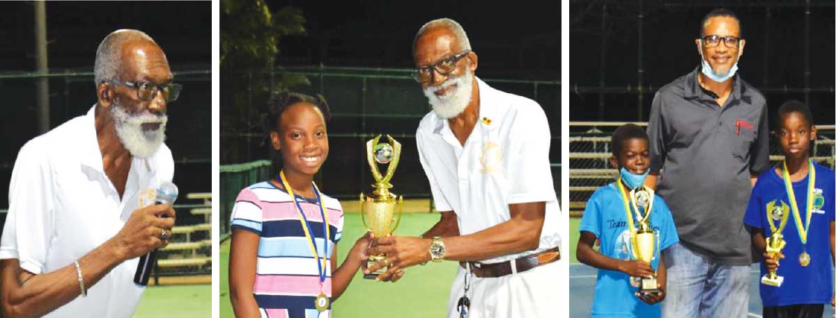(L-R) SLTA 1st Vice President Digby Ambris says, “Its time to work in unity”; Girls Green Ball Champion, Kahenya Mukora receiving her award from Digby Ambris, Boys Under 11 double champions, Denney Estava and Sanjay Lake receive their winning trophy from senior men’s tennis player Randolph Rosemond. (Photo: Anthony De Beauville)