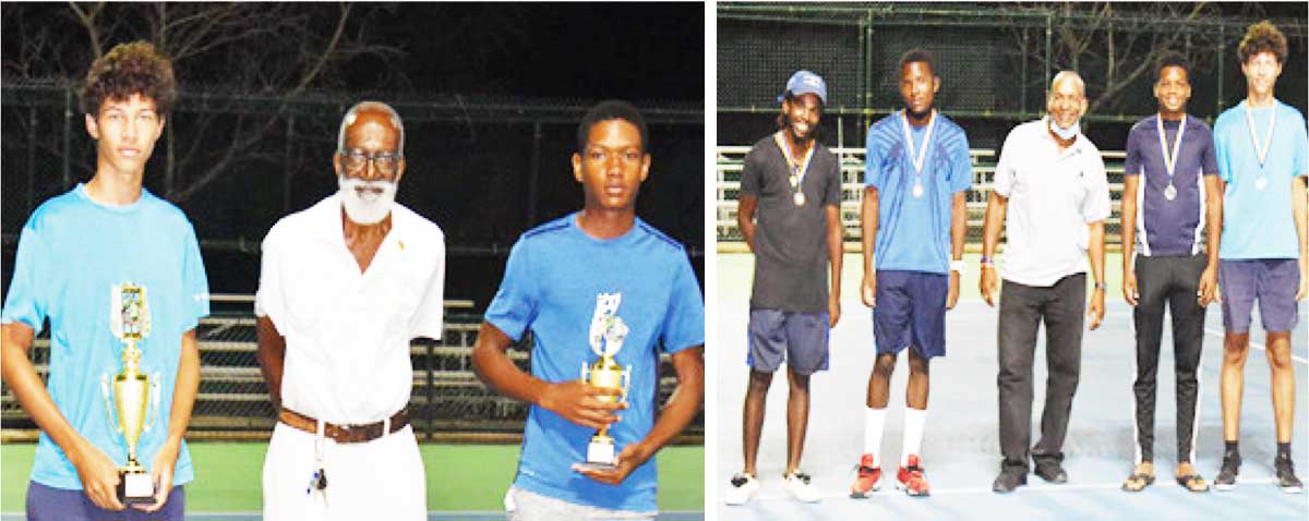 (L-R) Men’s singles champion Joey Angeloni and losing finalist Arden Rosemond, awards presenter, Digby Ambris; Men’s doubles losing finalist, Ajaunie Scott and Petterson George, awards presenter, Saint Lucia Olympic Committee representative, David Christopher, and champions Aaron Gerald and Joey Angeloni. (Photo: Anthony De Beauville)