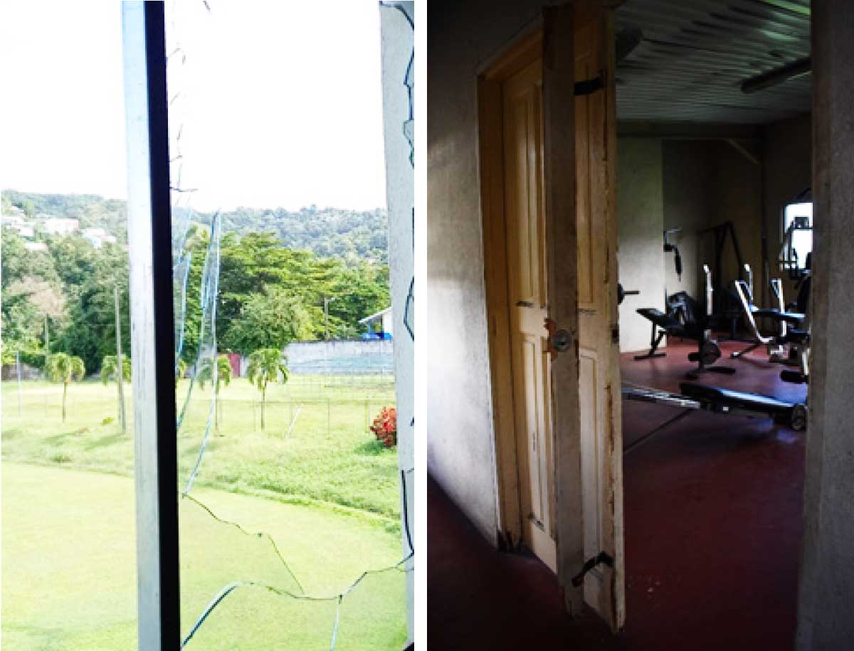 (L-R) A smashed window and a broken door at the Gym. (Photo: Anthony De Beauville)