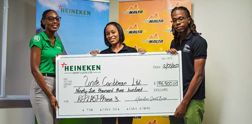 Pictured from L-R Louise Victor and Fern Wilson-Jean of Heineken Saint Lucia with McAllister Hunte of Unite Caribbean Ltd.