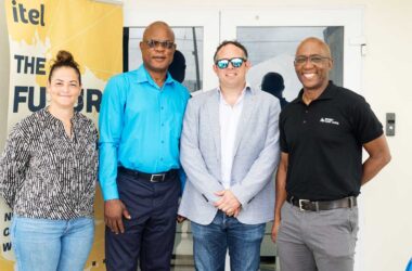 itel's Founding Chairman and CEO, Yoni Epstein (3rd left) and Project Manager, Lisa Lawrence (l) are flanked by Michael Willus, Deputy Chairman of Invest Saint Lucia (2nd left) and Roderick Cherry, CEO of Invest Saint Lucia following the ribbon cutting ceremony which celebrates the completion of itel's third facility in the Hewanorra Freezone.