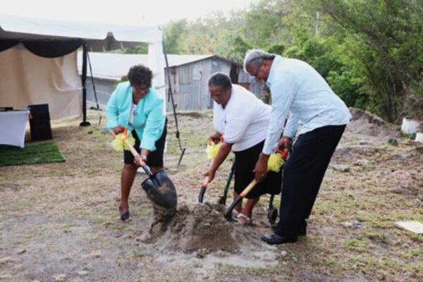 From left to right: Dr. Pauline Antoine-Prospere (Parliamentary Secretary Ministry of Education, Sustainable Development, Innovation, Science, Technology and Vocational Training), Mrs Albertina Mondesir (President of the FDBA) and Hon Bradley Felix (Parlimentary Rep for Chousiel) at sod turning.