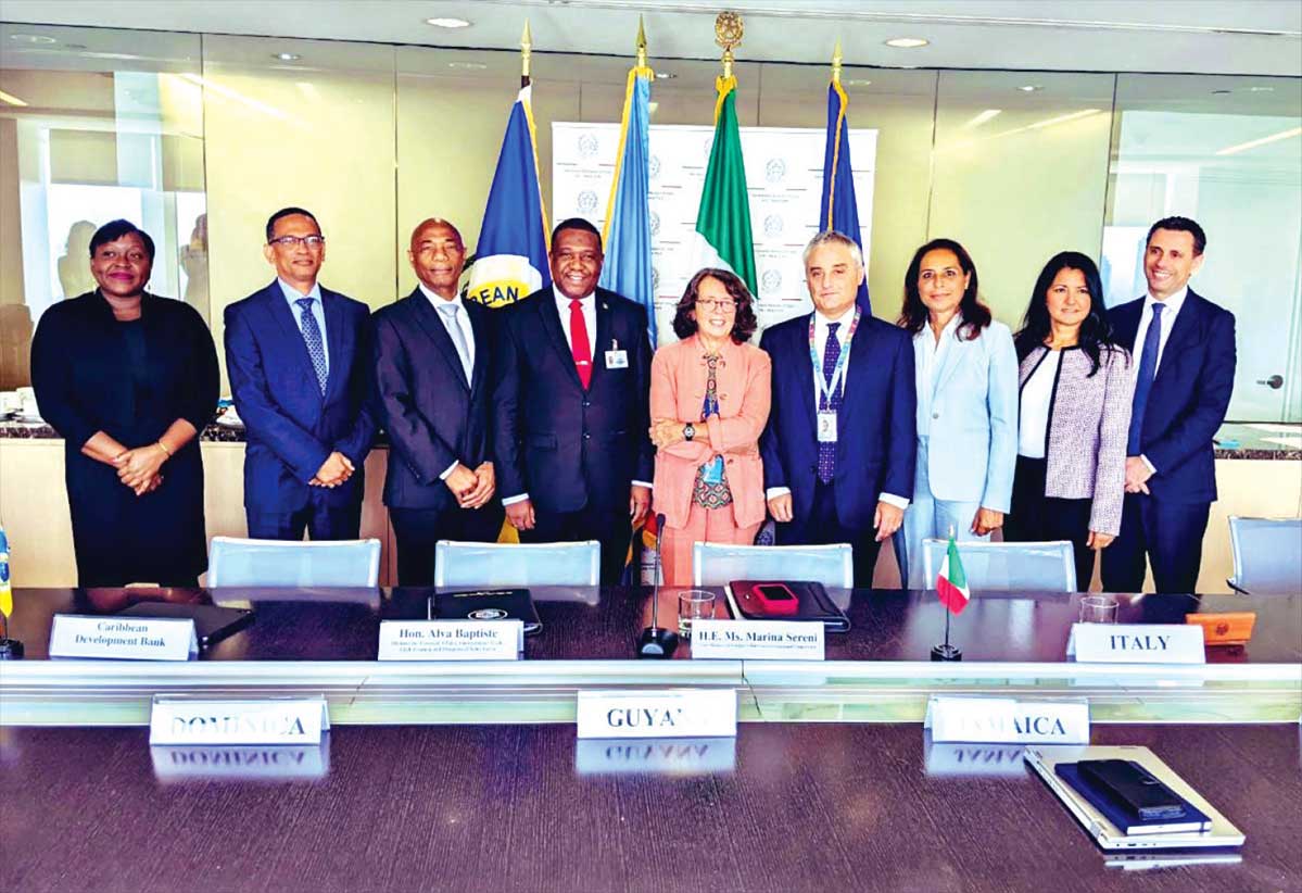 Antonella Baldino, (third right) Chief International Development Finance Officer at the Cassa Depositi e Prestiti (CDP) Group and Dr Hyginus "Gene" Leon (third left), President of the Caribbean Development Bank (CDB) pose with the respective members of the delegations representing Italy and the Caribbean at the signing of a €50 million financing agreement between CPD and CDB. The financing will support construction of sustainable infrastructure and protection of natural ecosystems in the Caribbean. The agreement was signed recently at the premises of the Permanent Mission of Italy to the United Nations in New York.