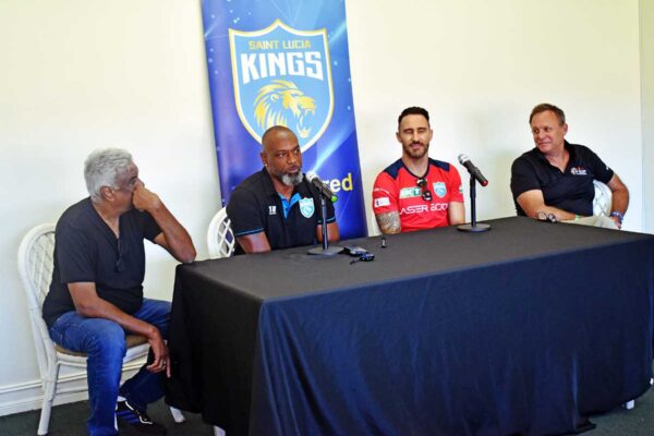 At the head table; (from left) Saint Lucia Kings CEO, Satish Menon, assistant coach Floyd Reifer, captain Faf Du Plessis and CPL/ CEO Pete Russell.