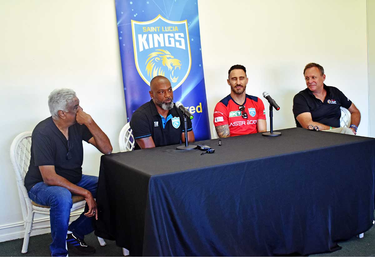 At the head table; (from left) Saint Lucia Kings CEO, Satish Menon, assistant coach Floyd Reifer, captain Faf Du Plessis and CPL/ CEO Pete Russell.