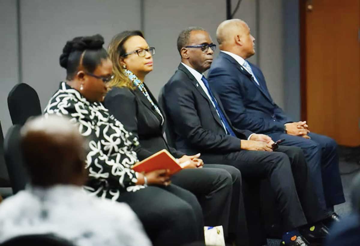 Officials at the media launch from right, Tourism Minister Dr. Ernest Hilaire , Prime Minister Phillip Pierre, ESL/CEO Sunita Daniel and Deputy CEO -Ministry of Education Giannetti George.