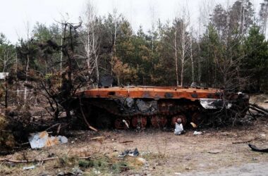 Burned tank near Bucha Ukraine. Photo by Sonia Dauer